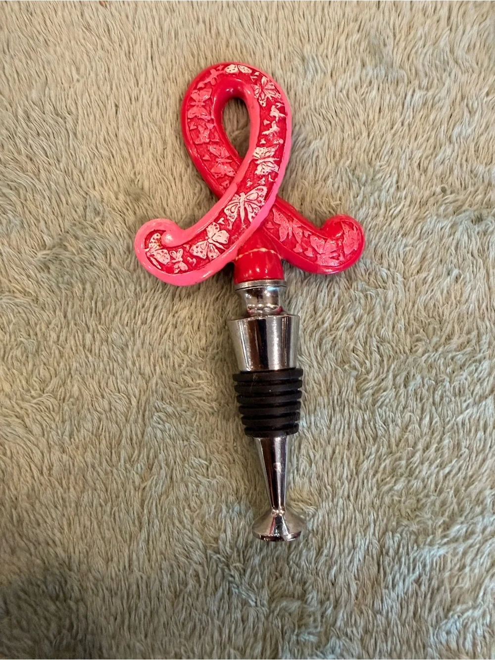 Pink Ribbon Butterfly Wine Bottle Stopper Breast Cancer Awareness Bar Decor
